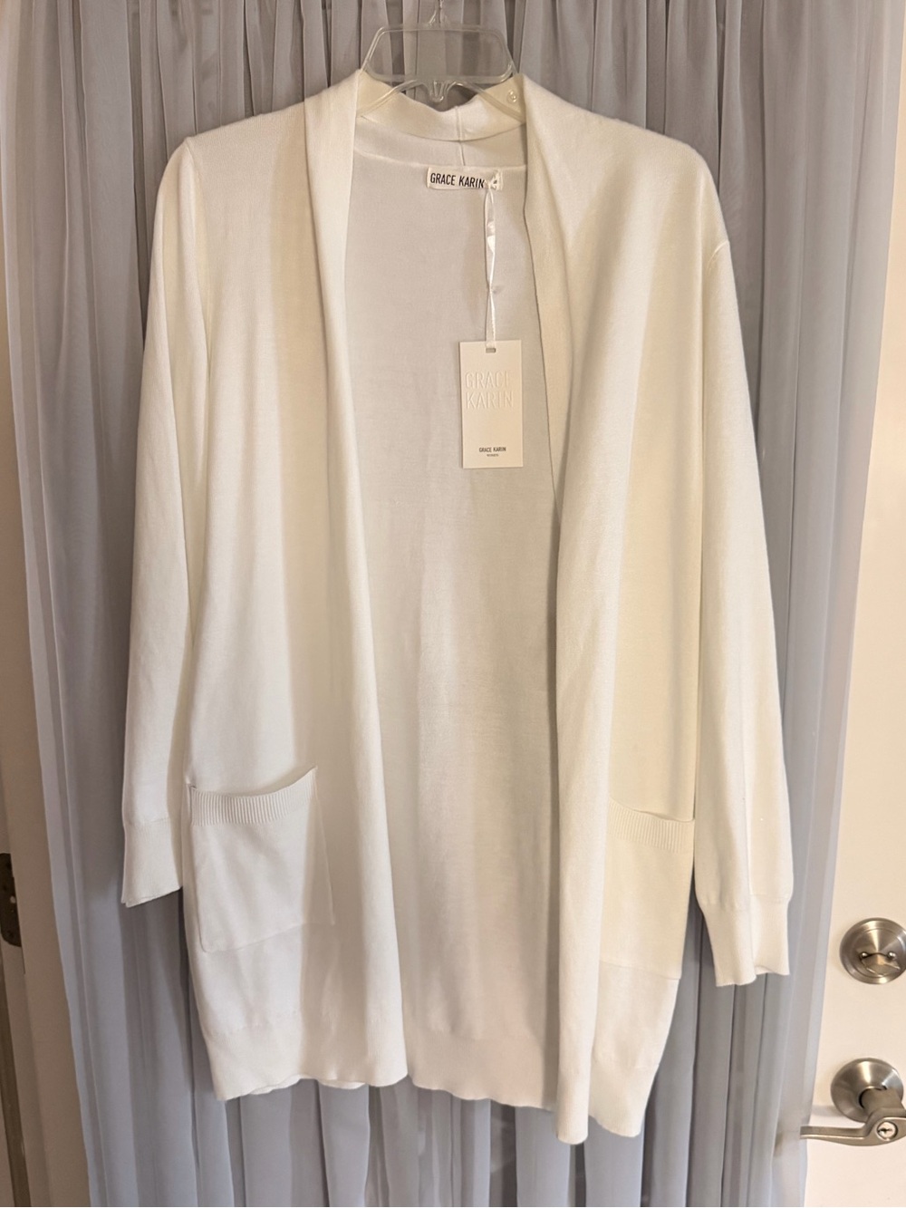 Grace Karin White Open-Front Women's Cardigan with Patch Pockets Medium New